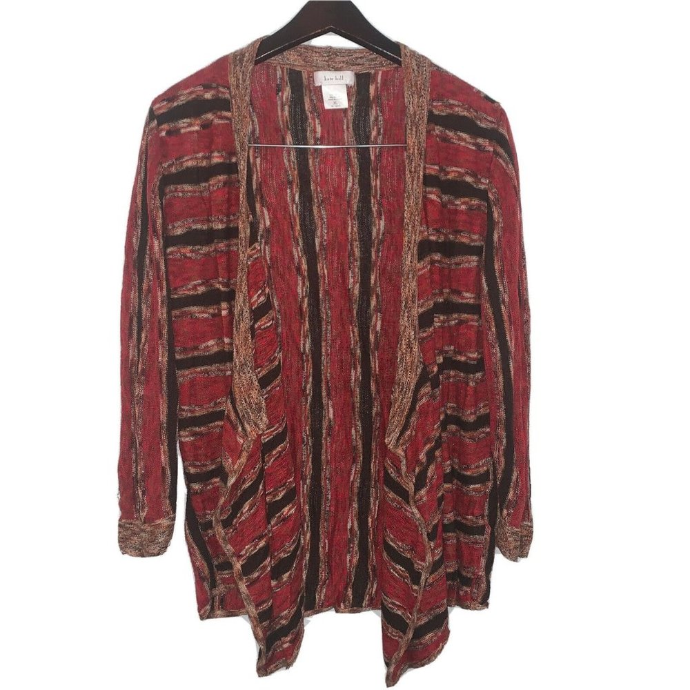 Kate Hill Cardigan Sweater XL Graphic Red Black Womens Open Front Knit NWOT